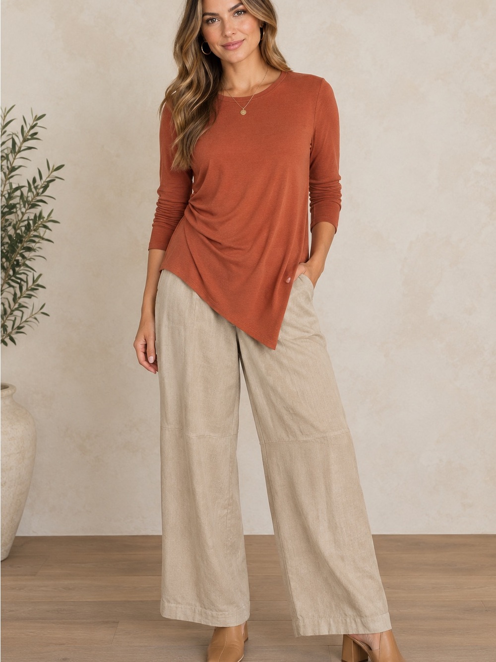 Risen Wide Leg High-Rise Pants in Beige - Classic Neutral
